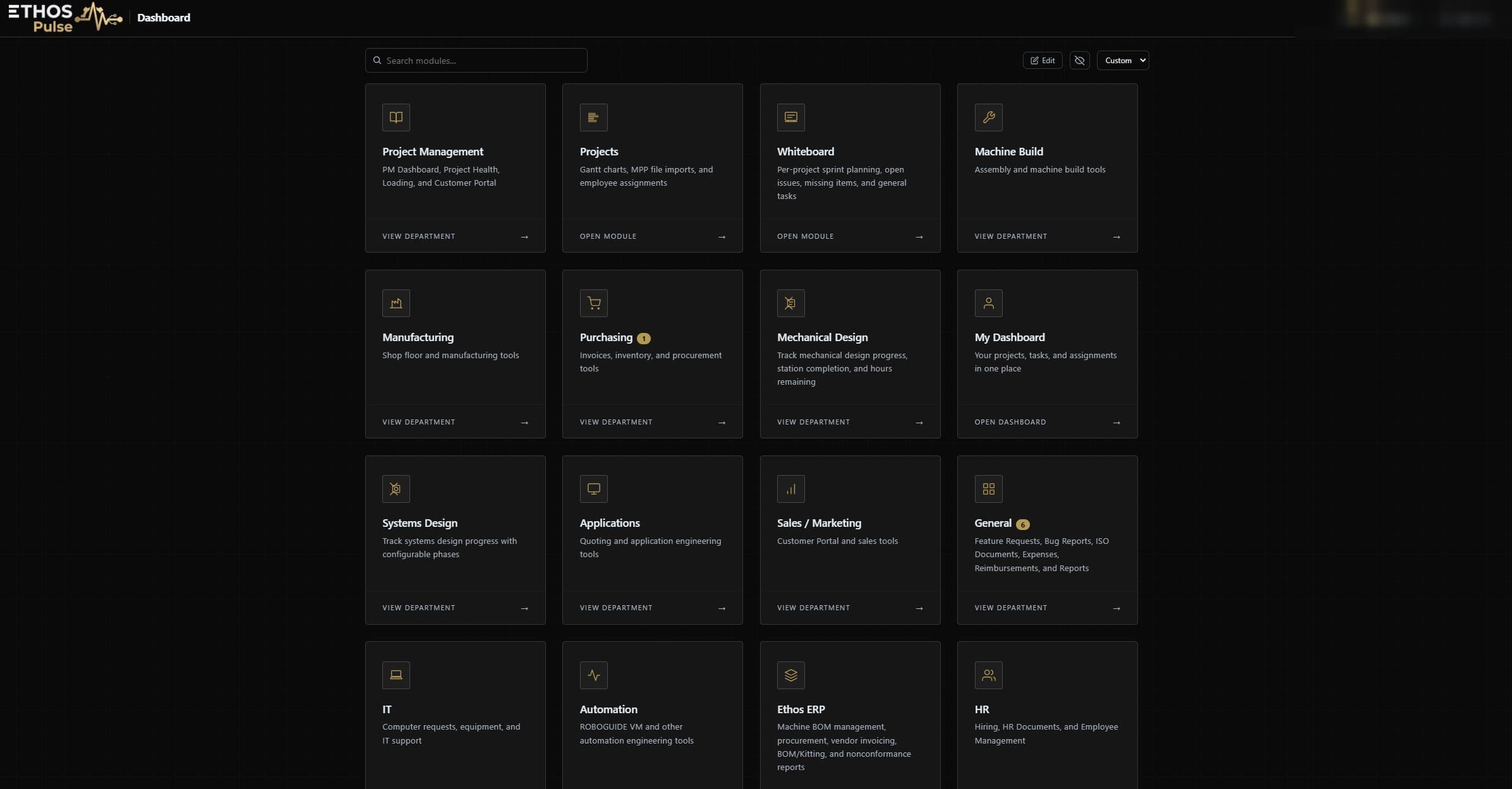 The Ethos Pulse dashboard, showing the departmental modules it covers